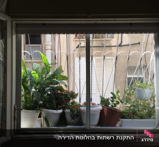 חלון אלומיניום עם סורגים וצמחים בעציצים